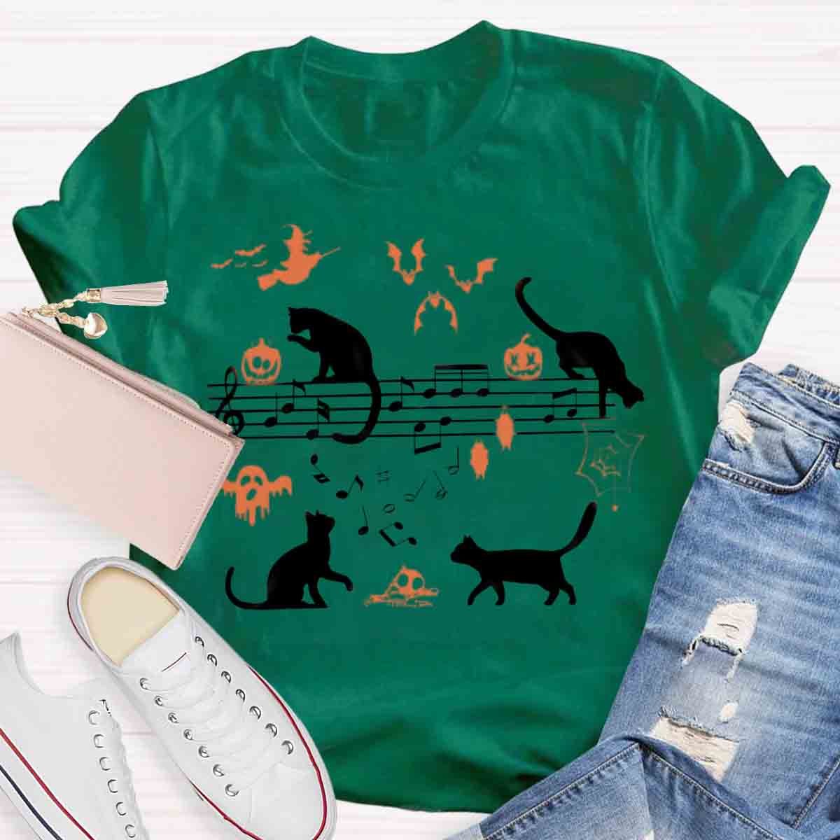 Ghost Cat Music Notes Halloween Music Teacher T-Shirt