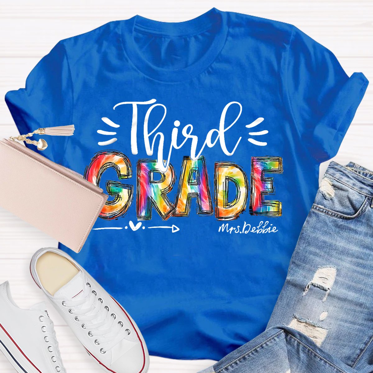 Personalized  Grade And Name Colorful Printed Teacher Back To School T-Shirt