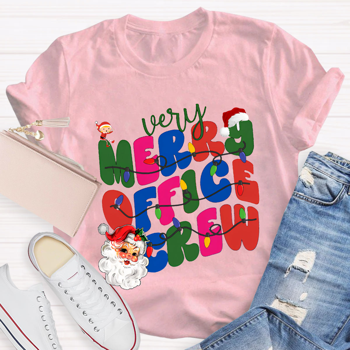 Very Merry Office Crew Santa Claus And Colorful Fonts T-shirt