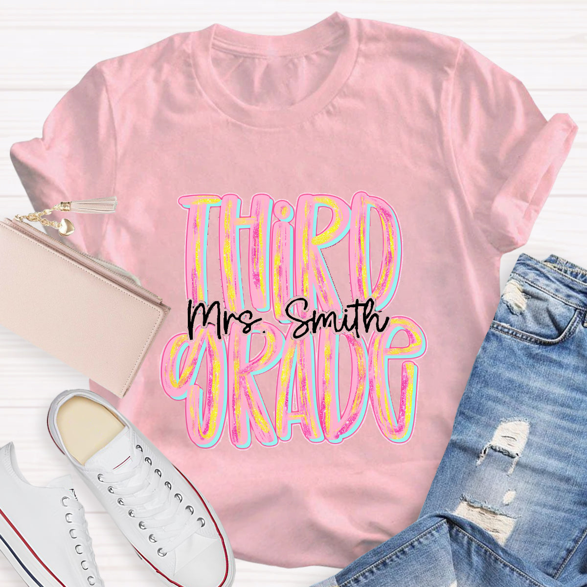 Personalized Grade And Name Pink Second Grade Teacher T-Shirt