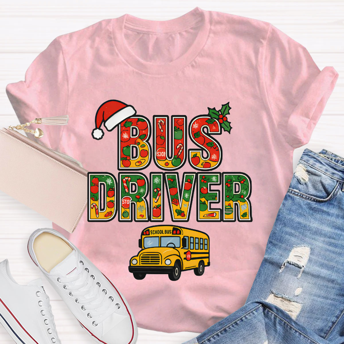 School Bus Driver Santa Hat And Christmas Font T-shirt