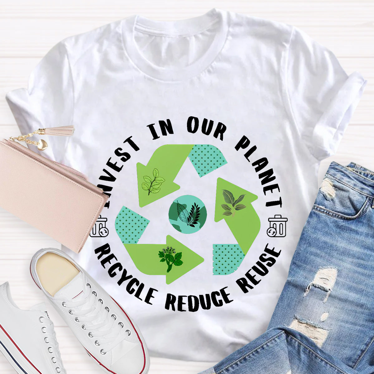 Invest In Our Planet Recycle Reduce Reuse Earth Day T-Shirt