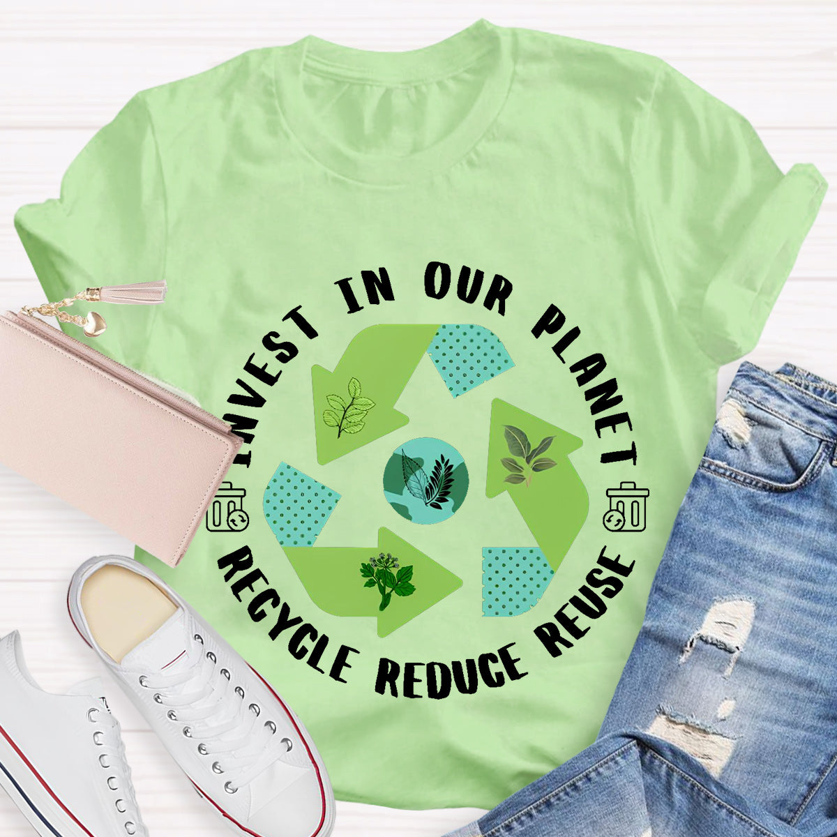 Invest In Our Planet Recycle Reduce Reuse Earth Day T-Shirt