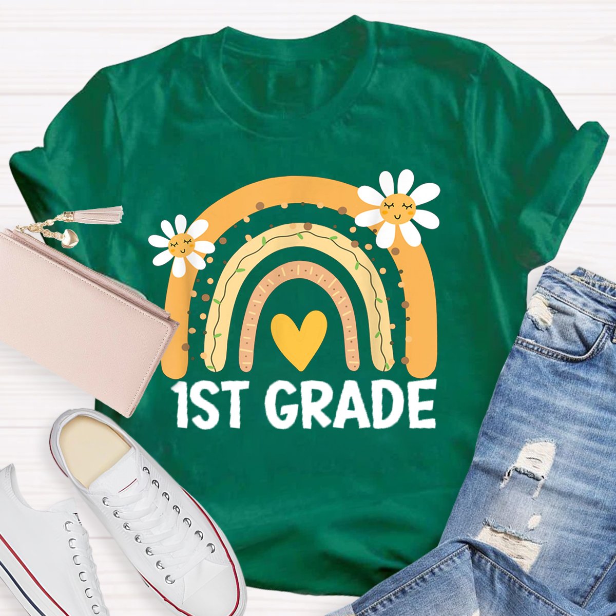 Personalized Grade Rainbow Flowers Teachers T-shirt