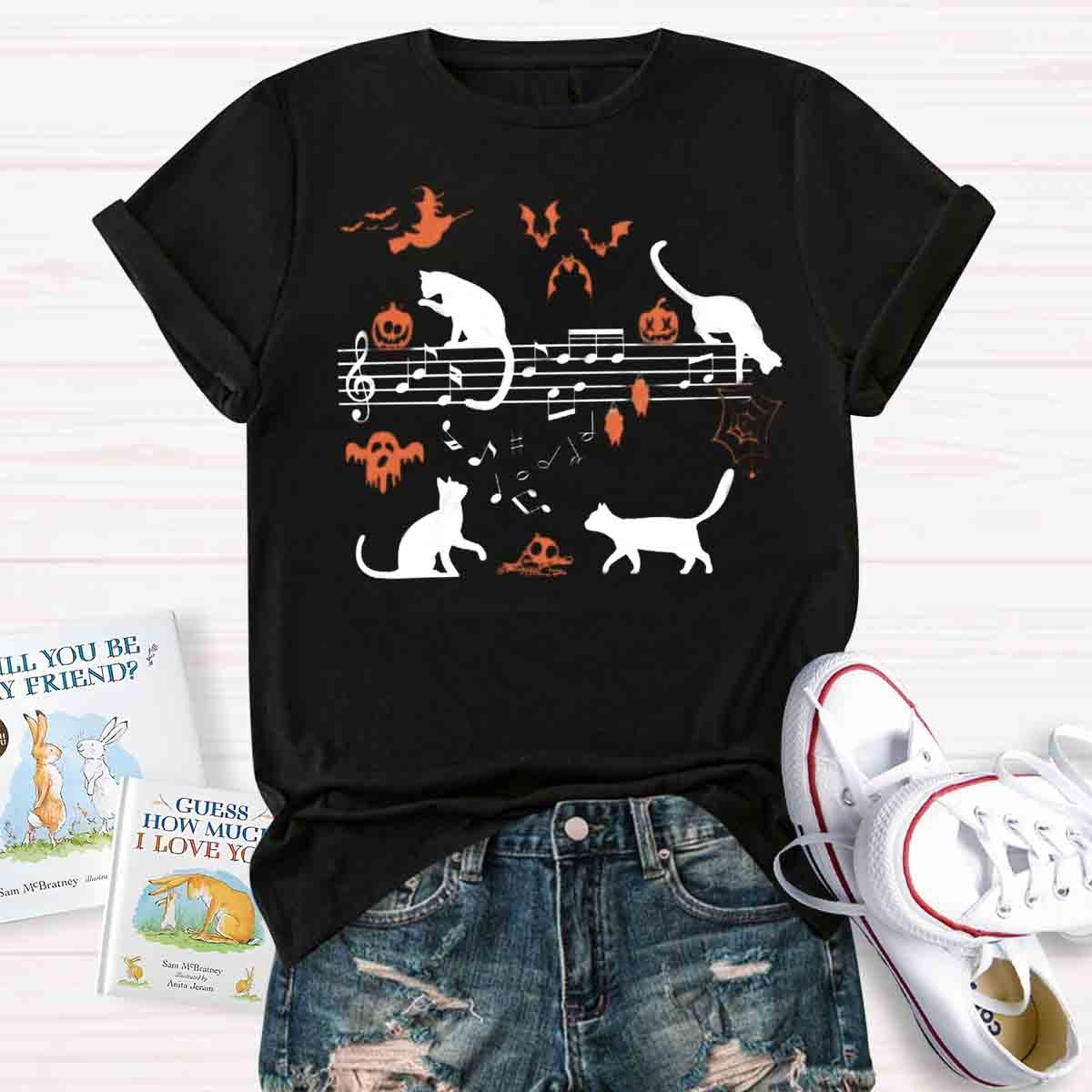 Ghost Cat Music Notes Halloween Music Teacher T-Shirt