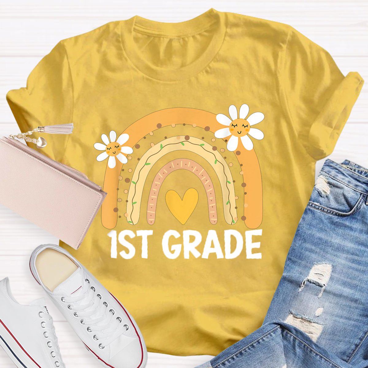 Personalized Grade Rainbow Flowers Teachers T-shirt