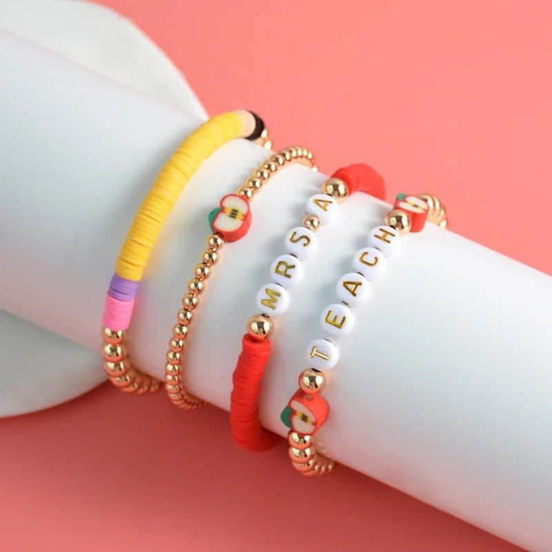 Round Beads English Alphabet Beaded Elastic Bracelet