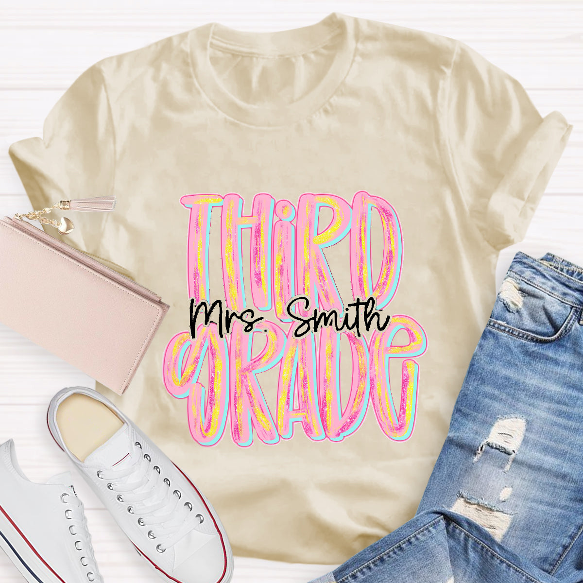 Personalized Grade And Name Pink Second Grade Teacher T-Shirt