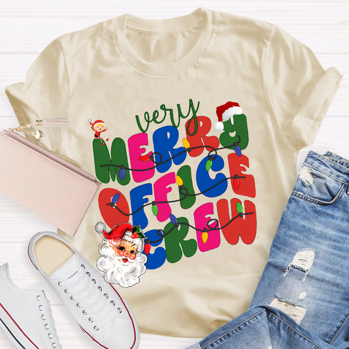 Very Merry Office Crew Santa Claus And Colorful Fonts T-shirt