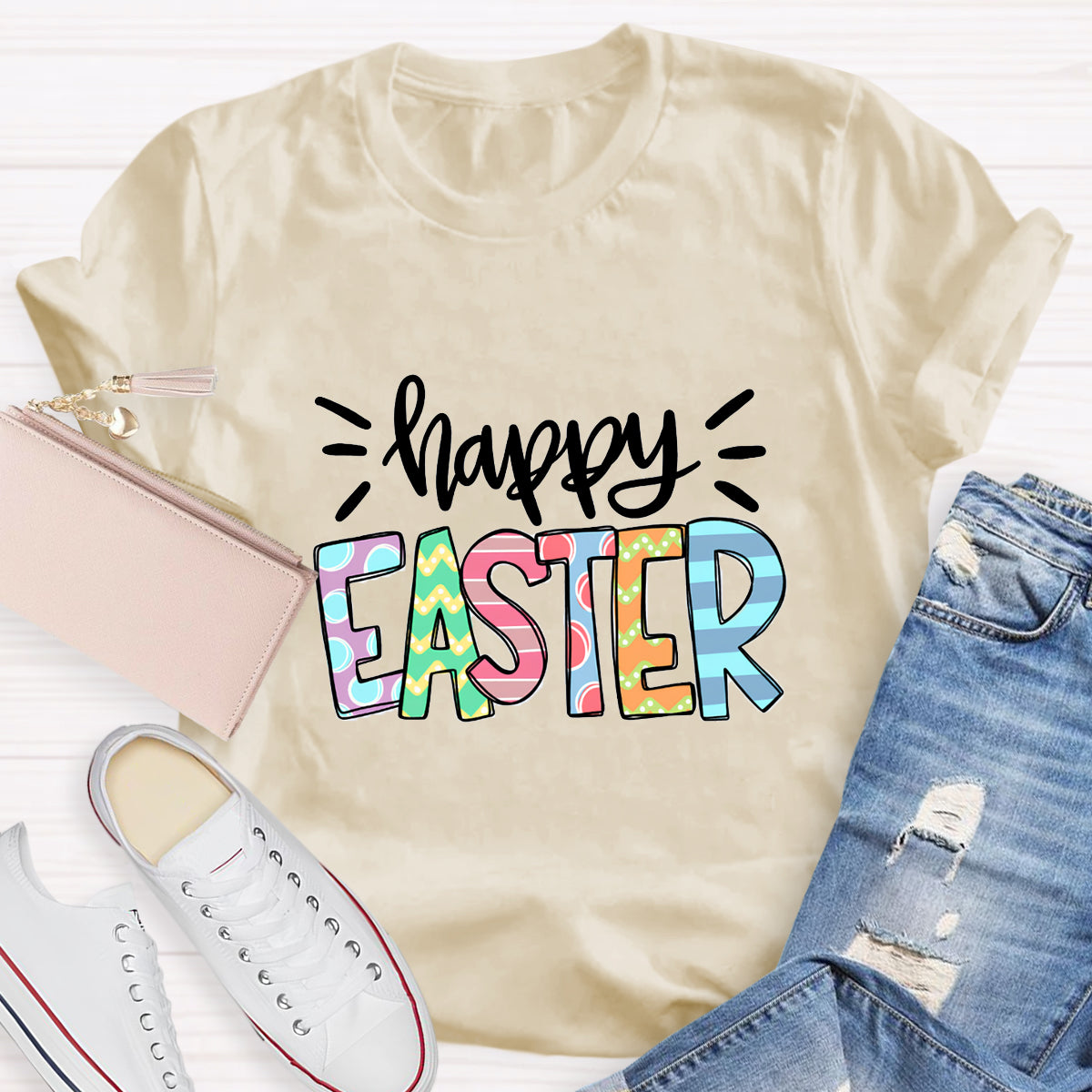 Happy Easter Colorful Printed Teacher T-Shirt