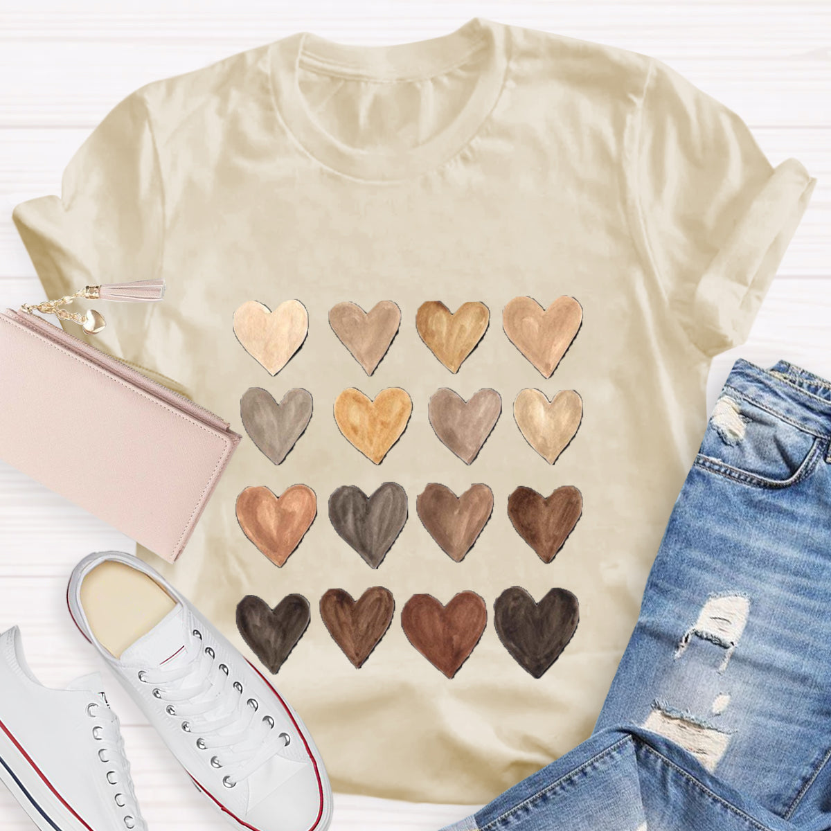 Skin Tone Kindness Watercolor Hearts T-Shirt