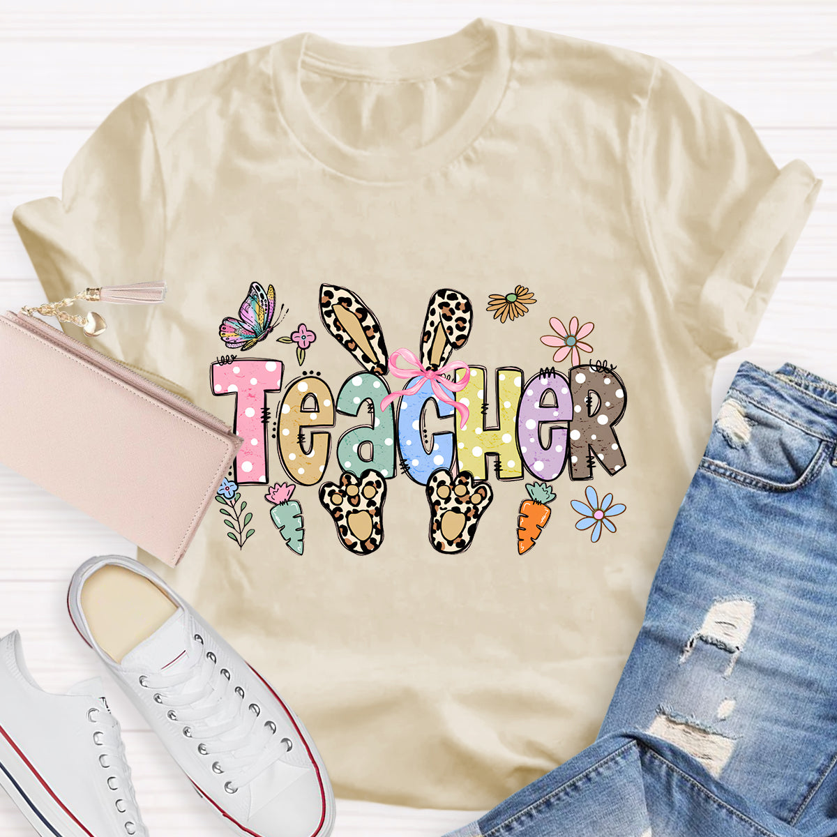 Leopard Happy Easter Bunny Teacher T-Shirt