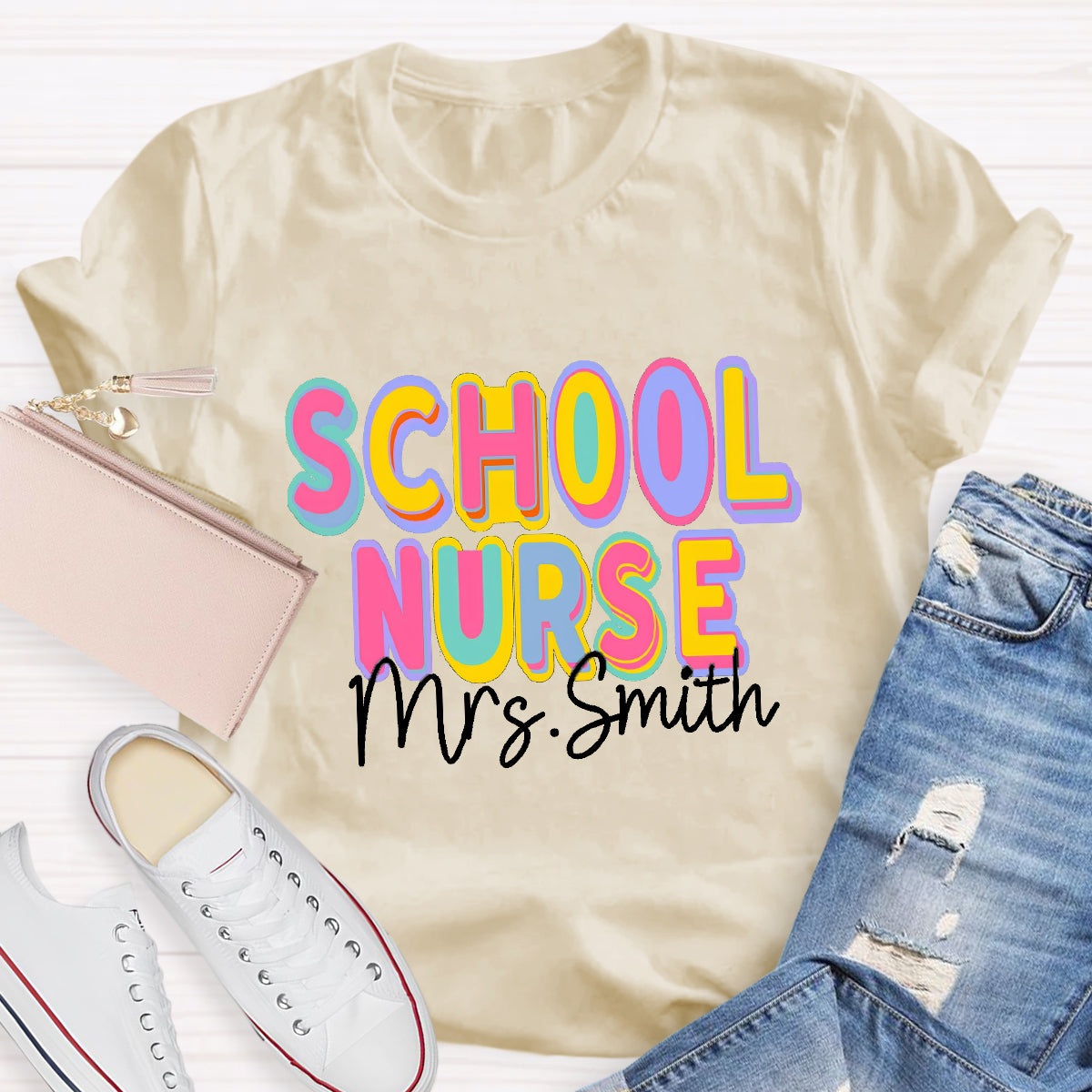 Personalized School Nurse Name Colorful Printed Letter T-Shirt