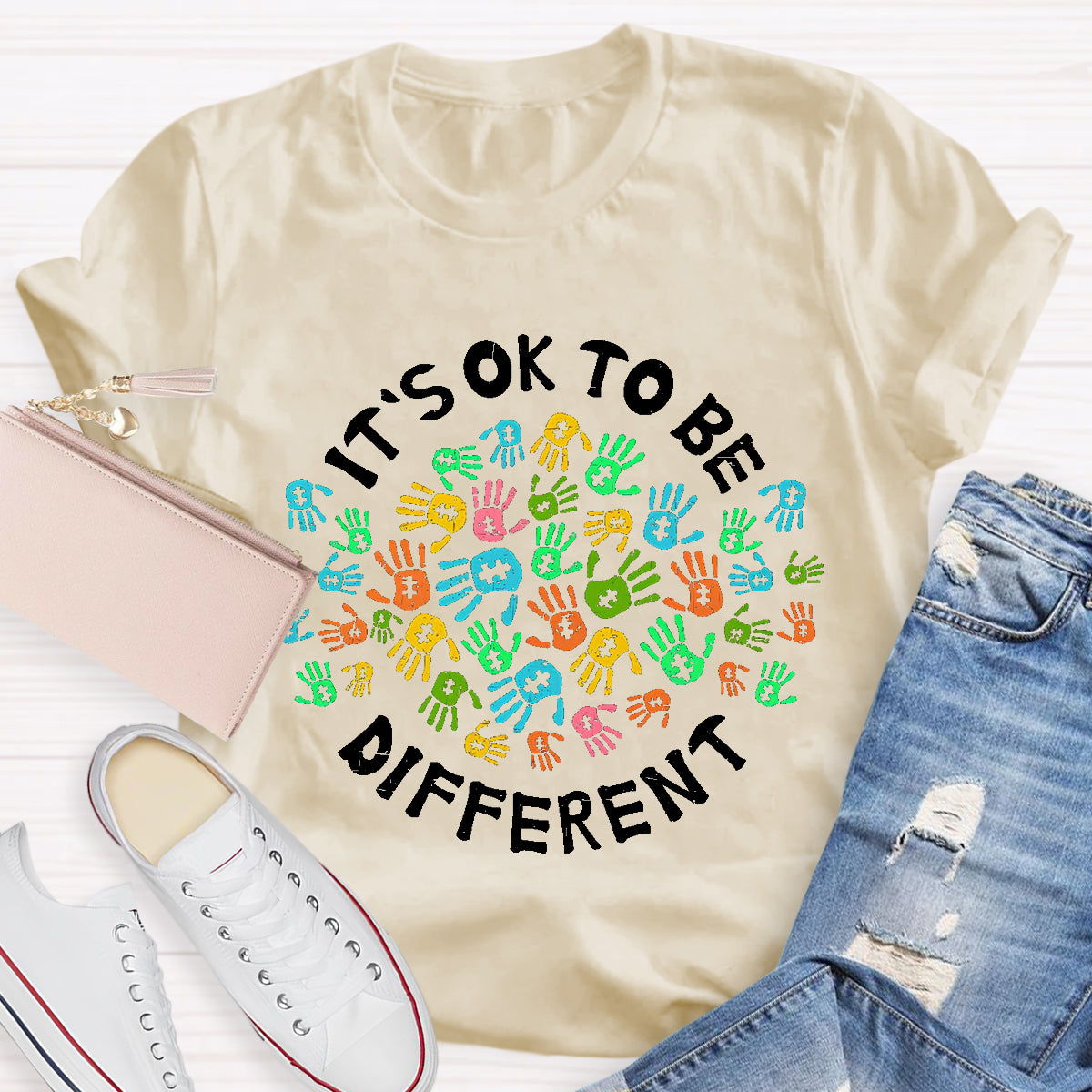 It'S Ok To Be Different Colorful Hands Teacher T-Shirt