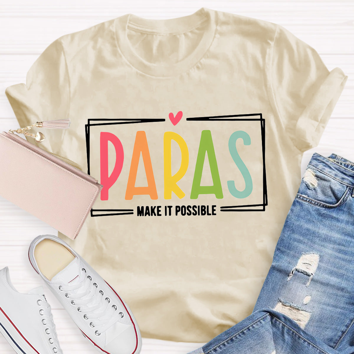 Make It Possible Pink Heart Teacher T-Shirt