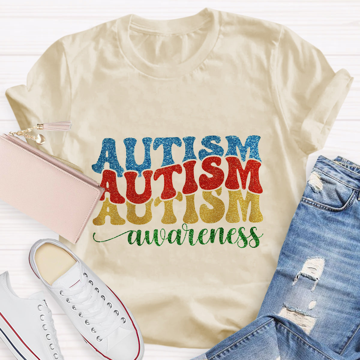 Rainbow Colors Glitter Autism Awareness T-Shirt