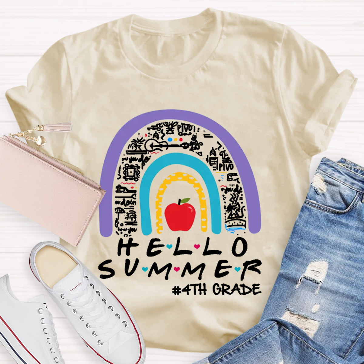 Personalized Grade Hello Summer Apple Rainbow Teacher T-Shirt