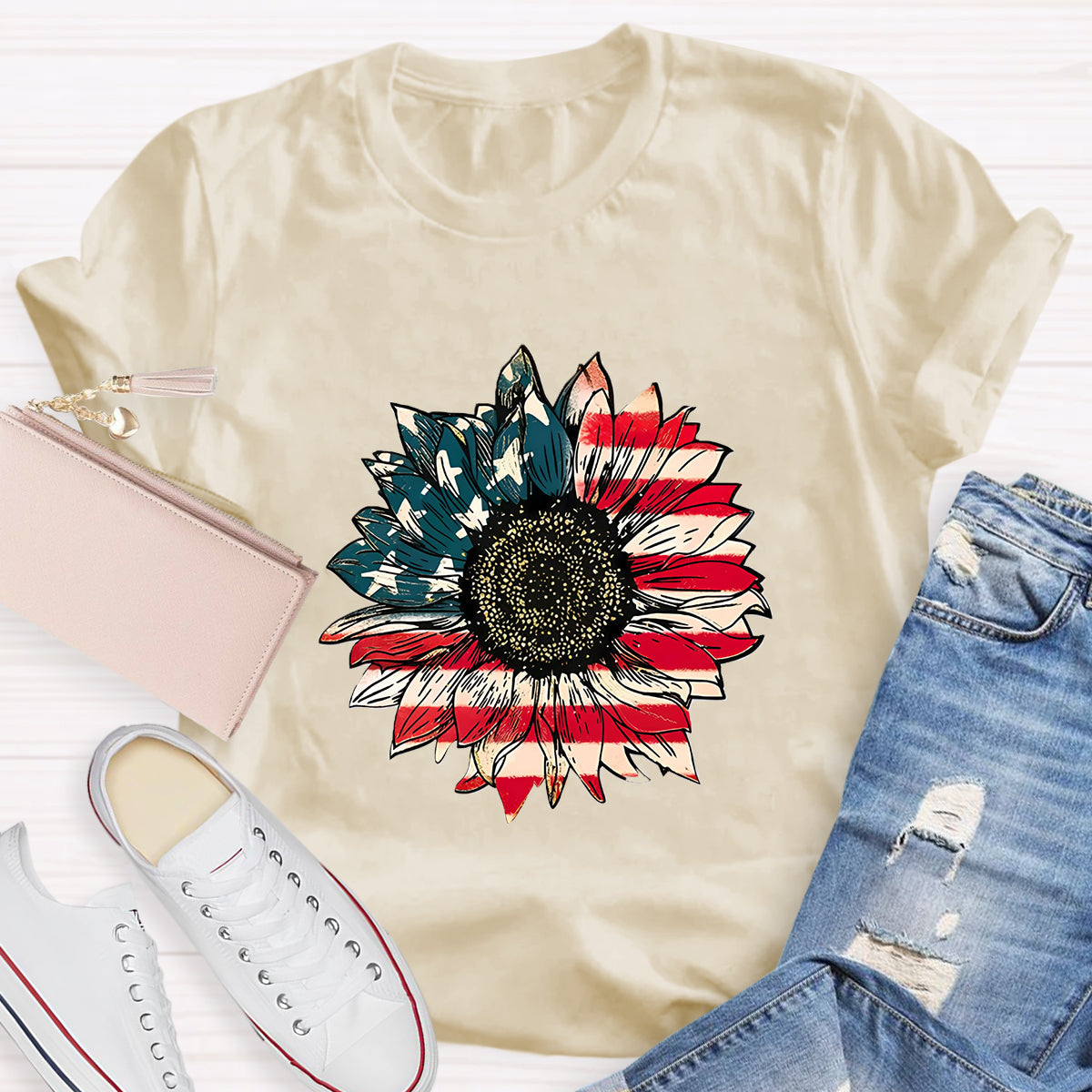 US Flag Flower Teacher T-Shirt
