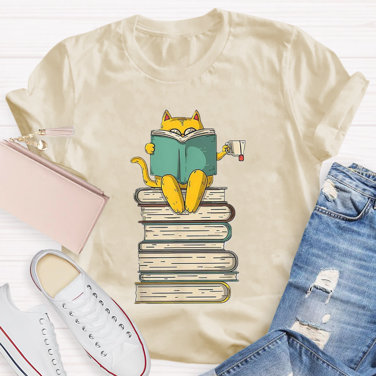 Reading Cat Funny Book & Tea Lover T-Shirt