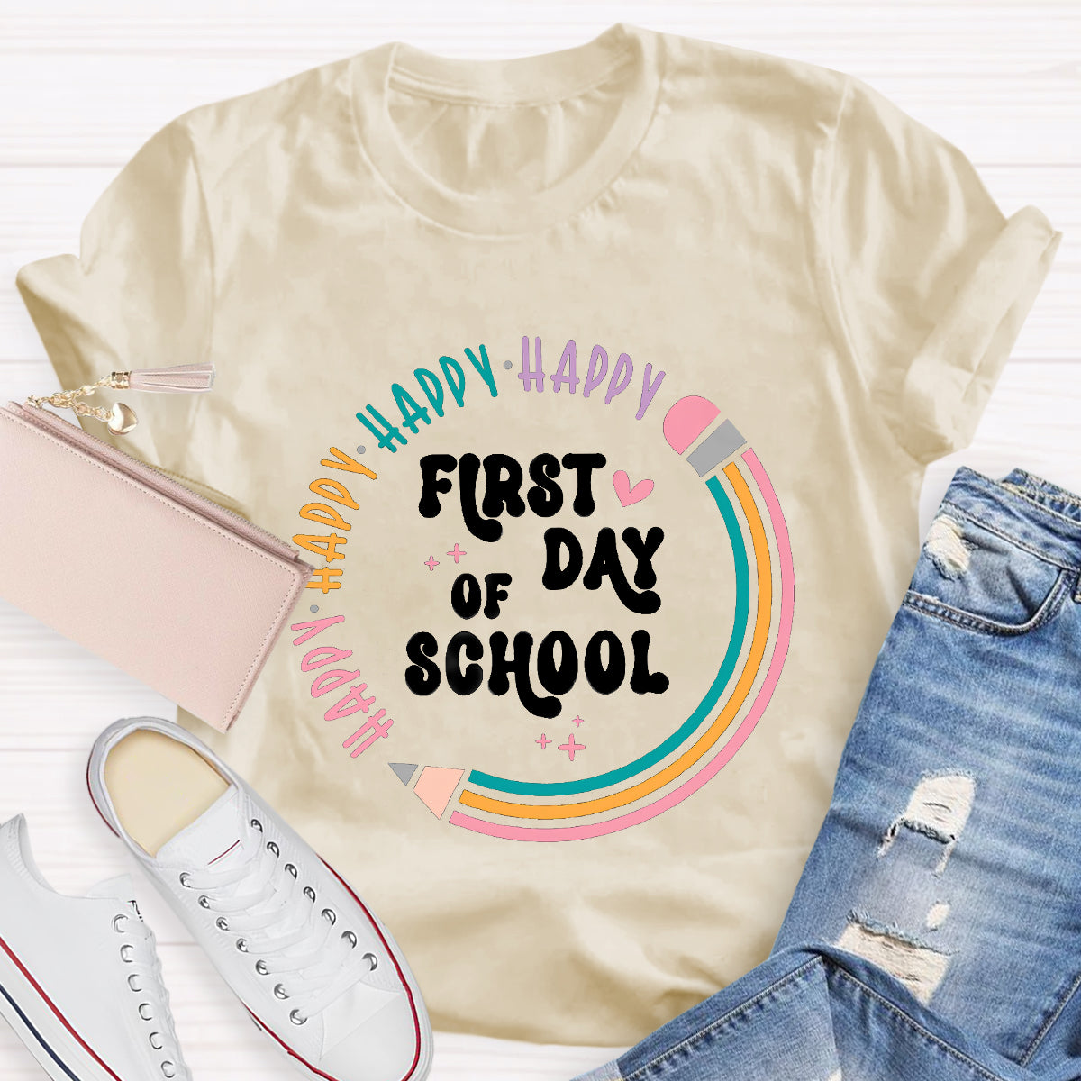 Happy First Day Of School Pencil Circle Teacher T-Shirt