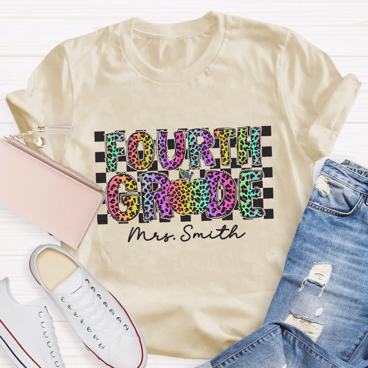 Personalized Grade And Name Colorful Leopard Print Teacher T-Shirt