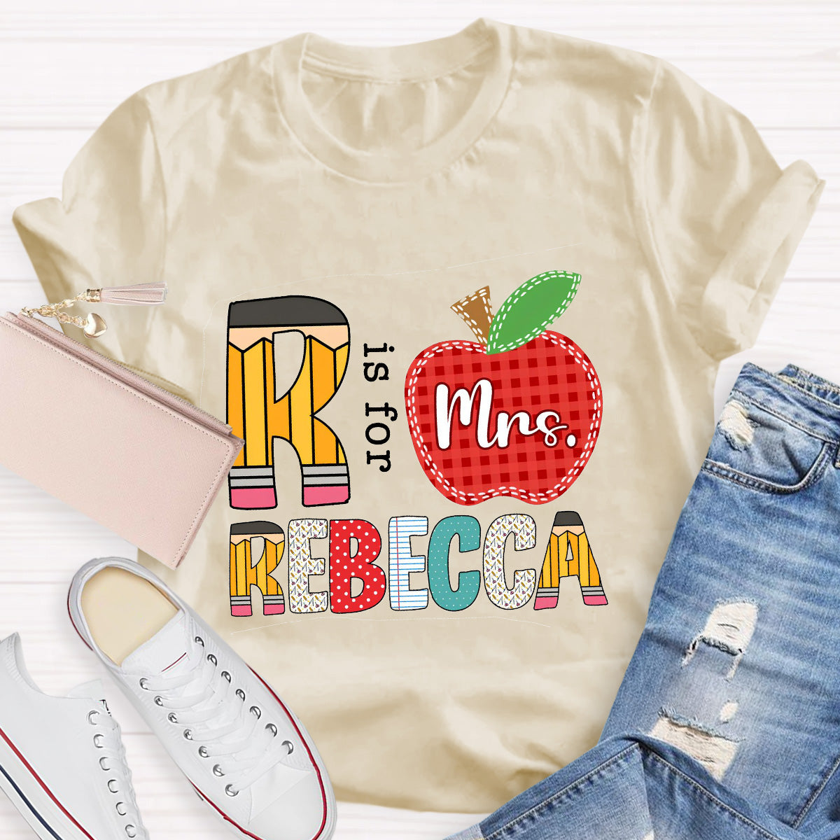 Personalized Name Red Apple R Is For Rebecca Teacher T-Shirt