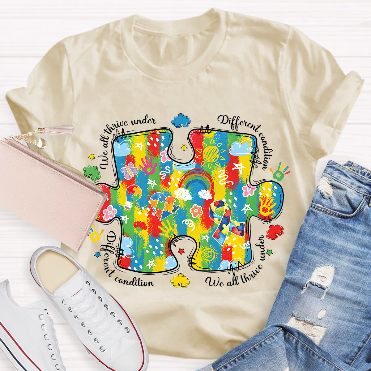 We All Think Under Different Condition Rainbow Puzzle Teacher T-Shirt