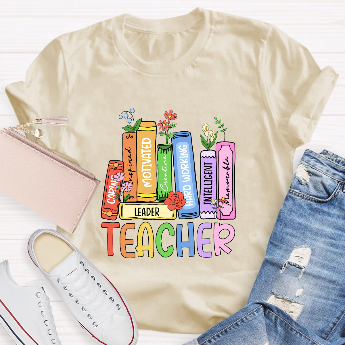 Caring Motivated Floral Books Teacher T-Shirt