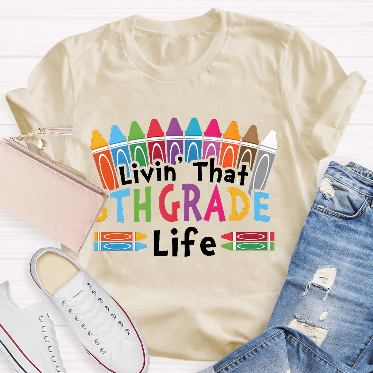 Personalized Grade Livin That 5th Grade Life Teacher T-Shirt