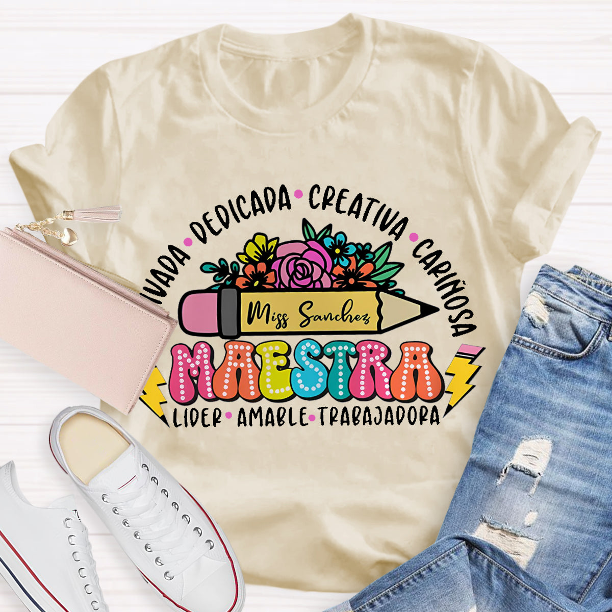 Personalize Name Maestra  Pencil  Teacher T-Shirt