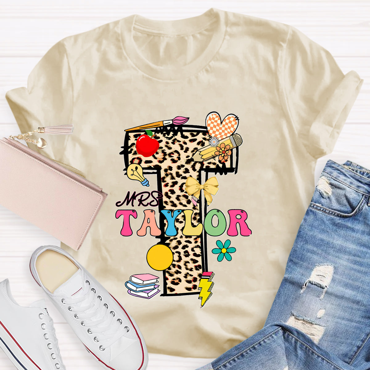 Personalized Name Leopard print Letter Teacher T-Shirt