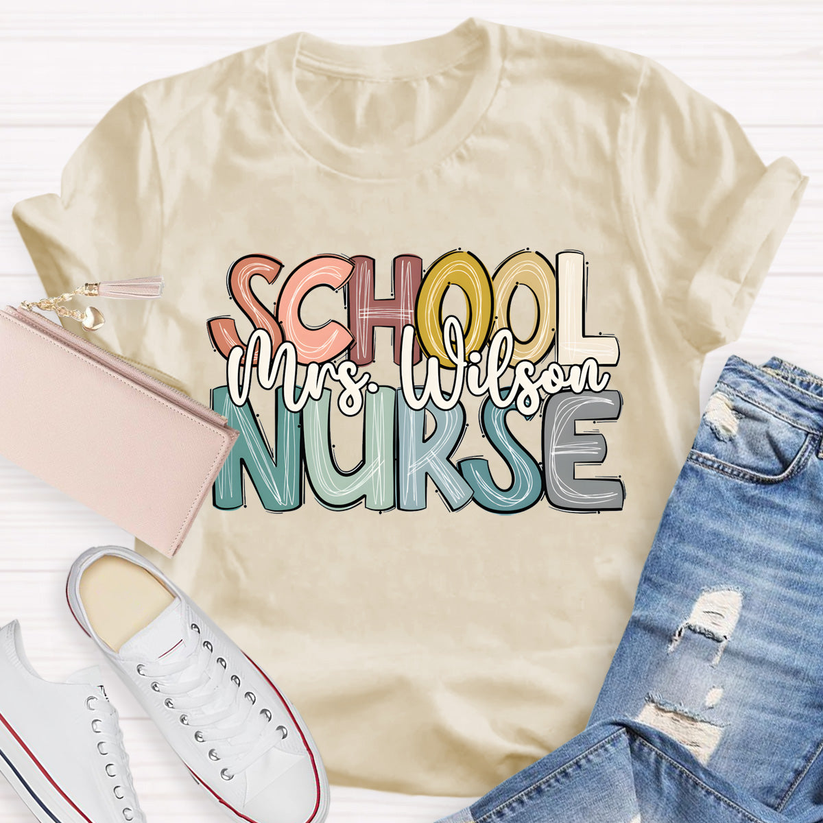 Personalized School Nurse Name Colorful Letter T-Shirt