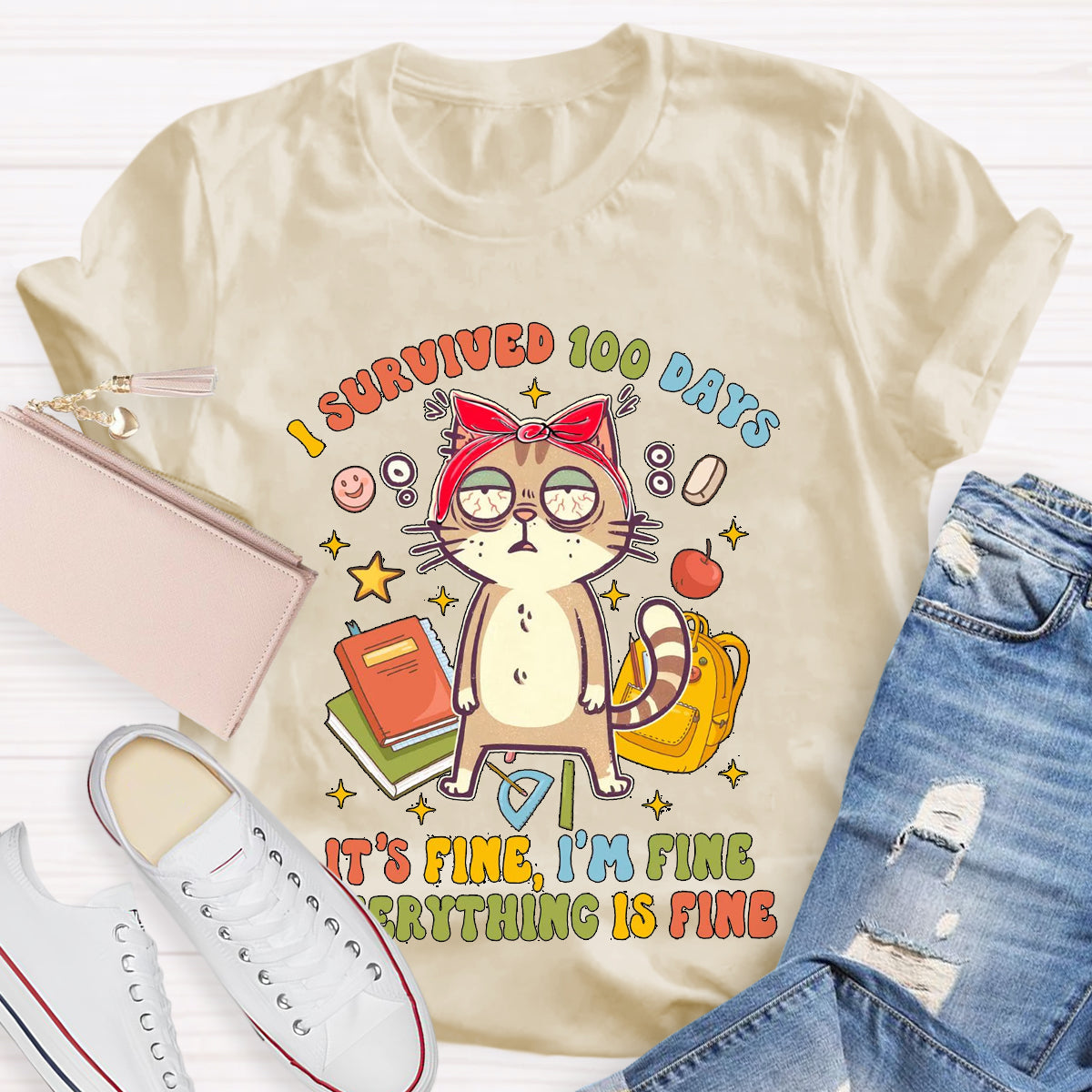 I Survived 100 Days Everything Is Fine Funny Cat T-Shirt