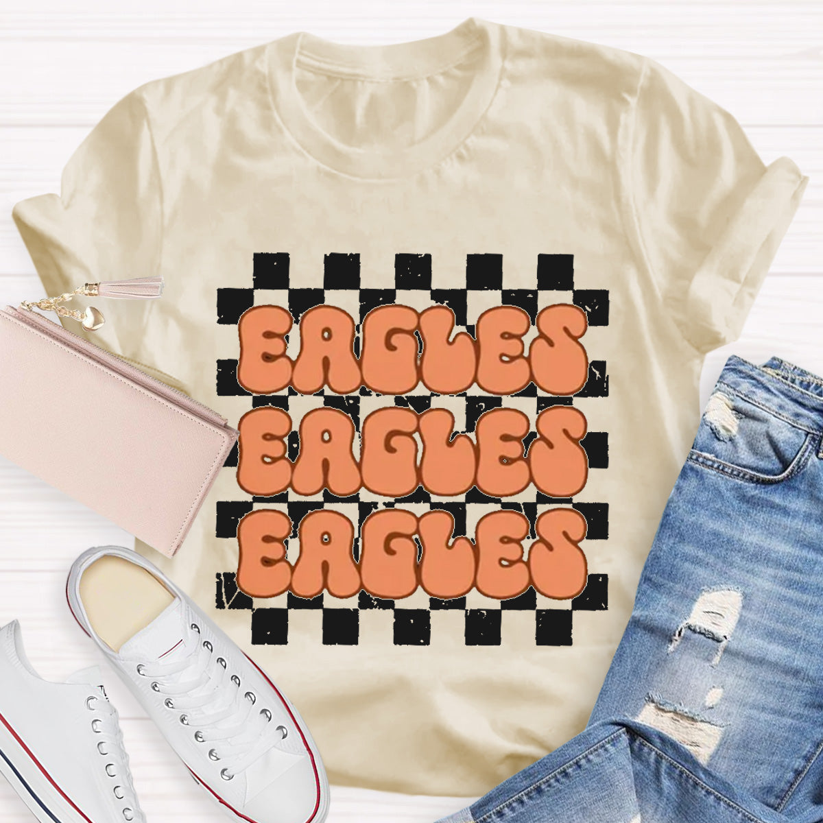 Personalized Mascot Eagles Chessboard pattern Teacher T-Shirt