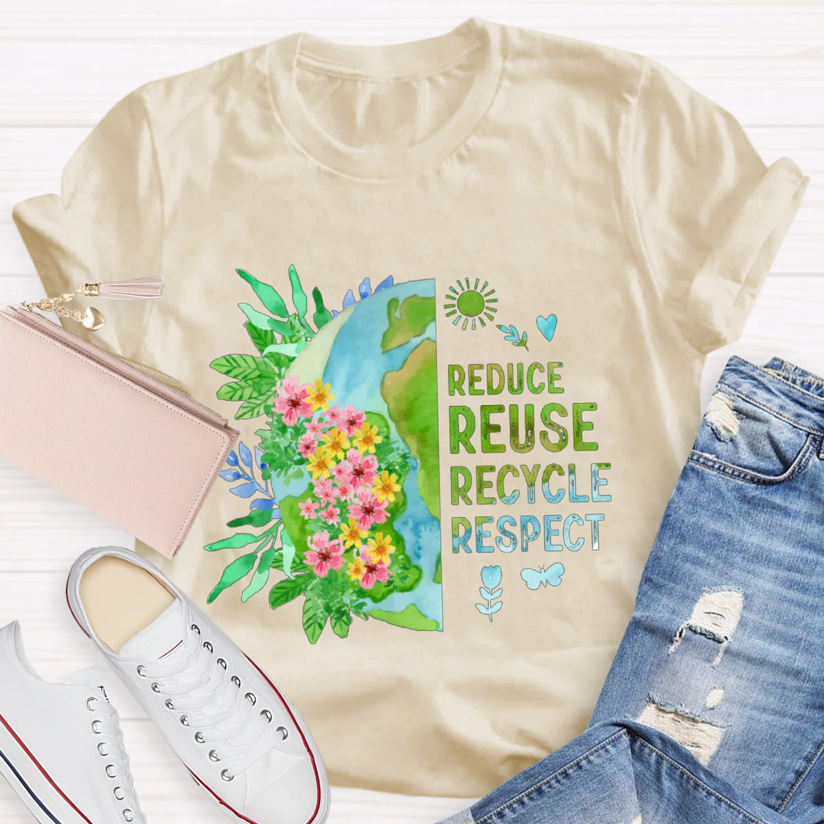 Recycle Respect Flower Planet Earth Day T-Shirt