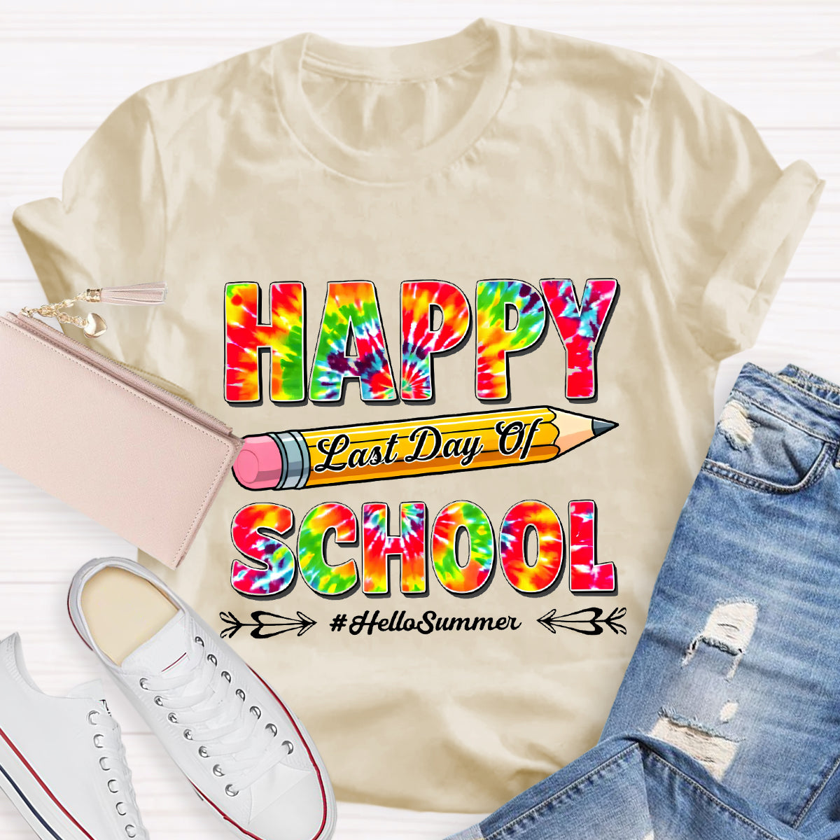Happy Last Day Of School Hello Summer Colorful Pencil Teacher T-Shirt