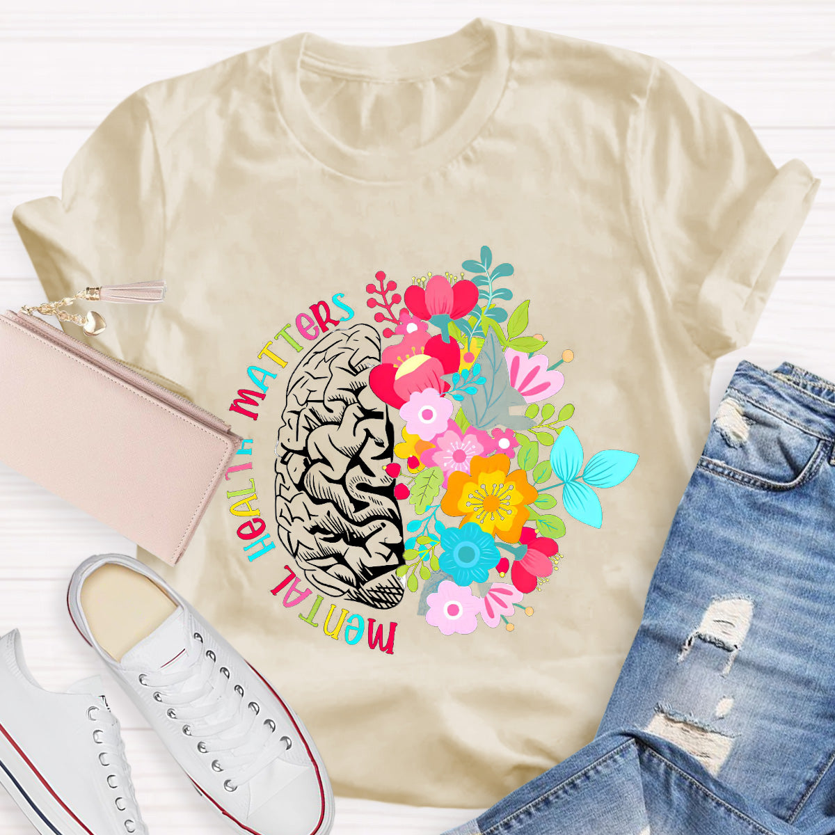 Mental Health Matters Floral Brain Teacher T-Shirt