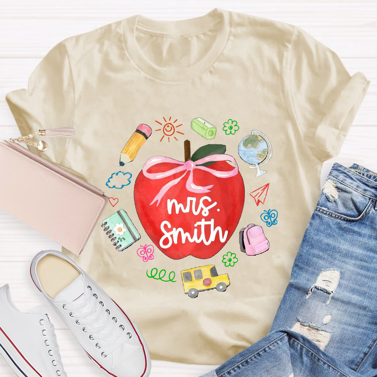 Personalized Name Red Apple Teacher T-Shirt
