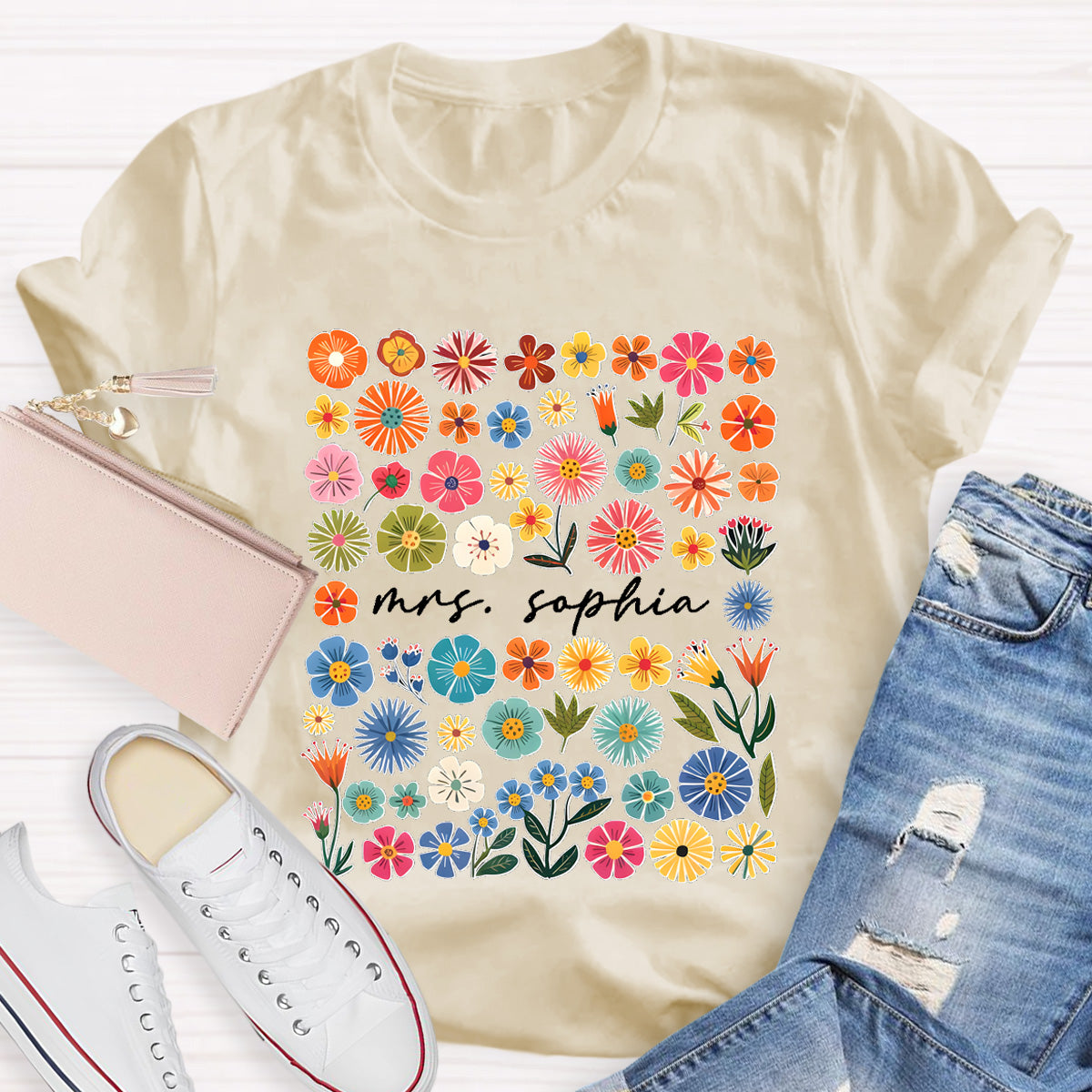Personalized Name Vintage Florals l Teacher T-Shirt