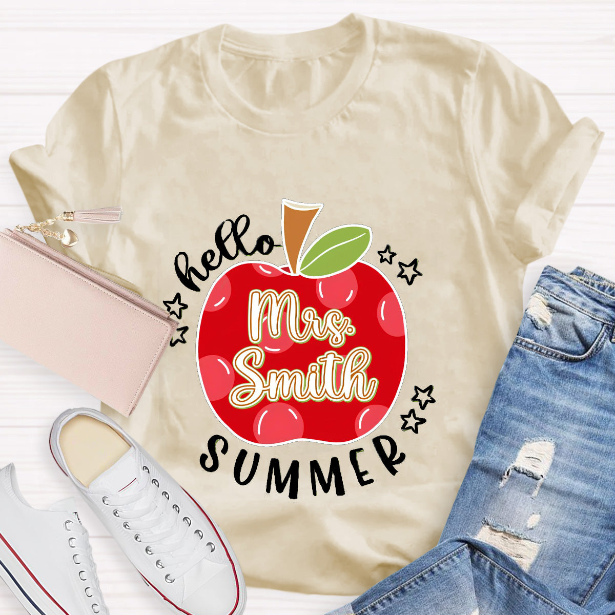 Personalized Name Apple Hello Summer Teacher T-Shirt