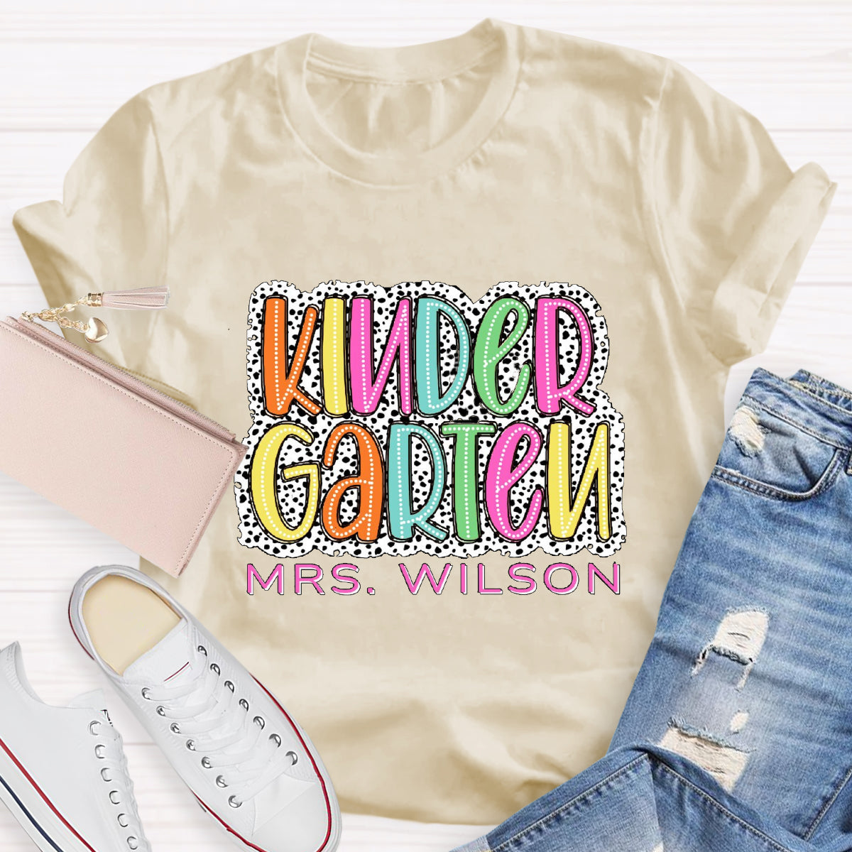 Personalized Name And Grade Neon Lights And Polka Dots Teacher T-Shirt