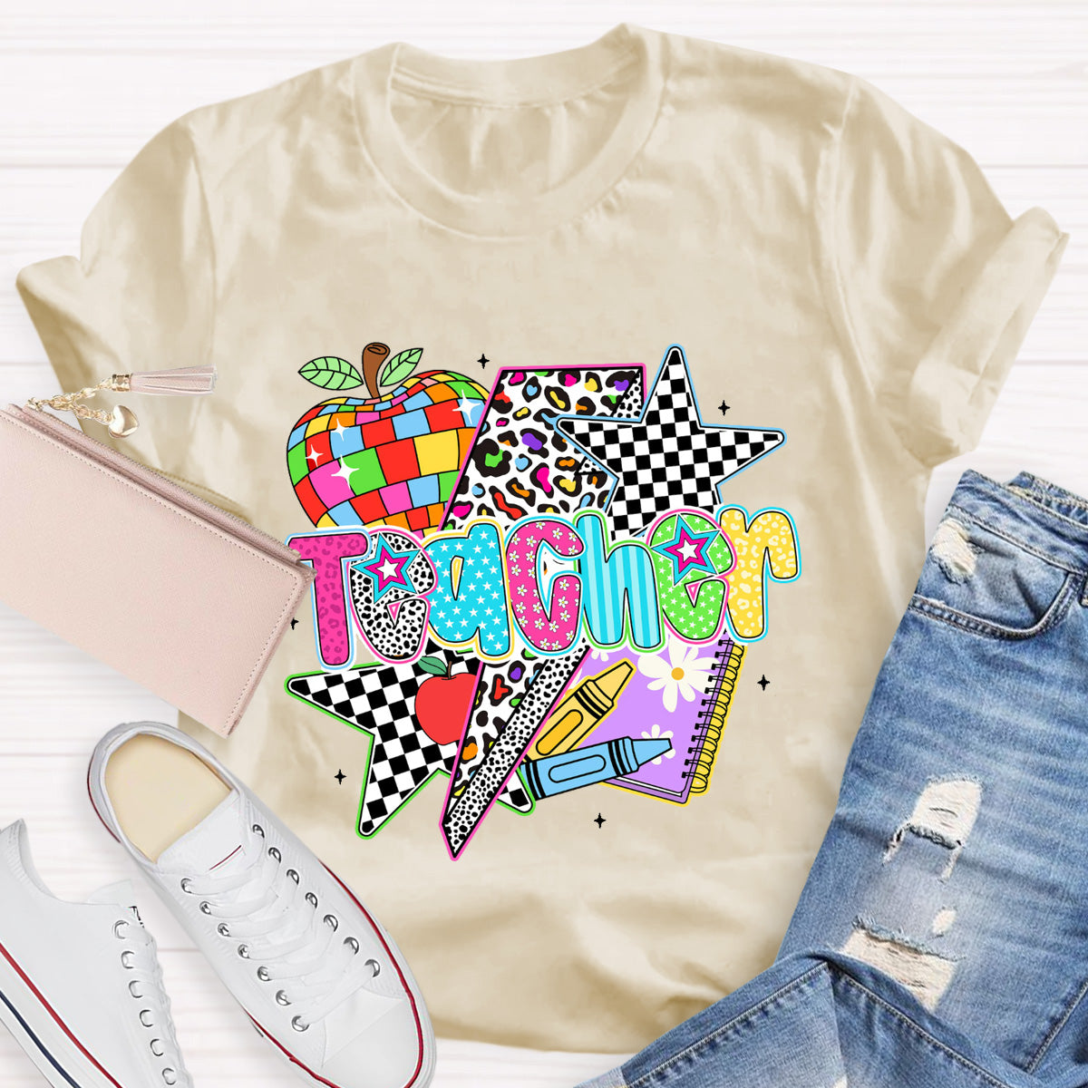Colorful Leopard Apple Teacher Back To School T-Shirt