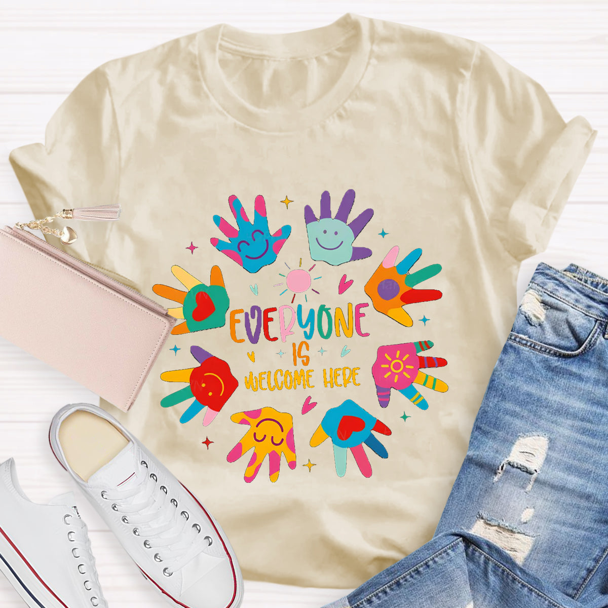 Everyone Is Welcome Here Colorful Hands Teacher T-Shirt