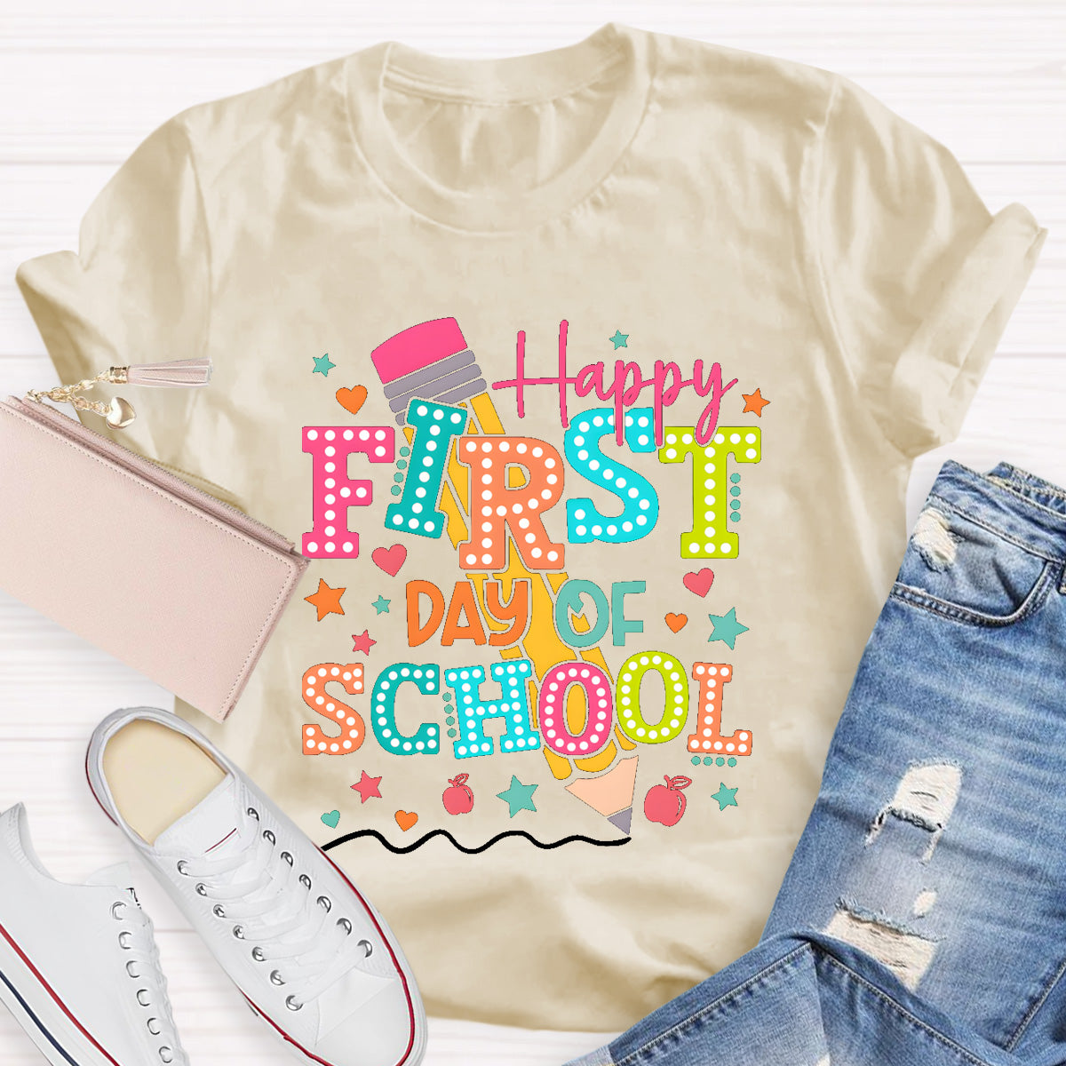 Pencil Dot Happy First Day Of School Teacher T-Shirt
