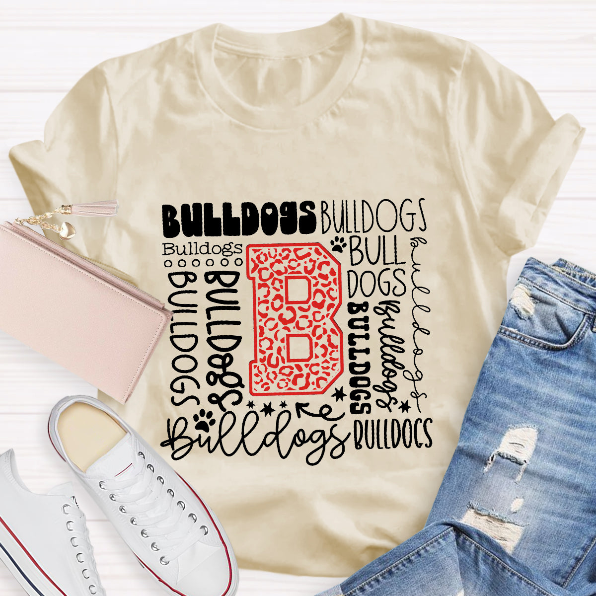Personalized Mascot Bulldogs Red Printed Teacher T-Shirt