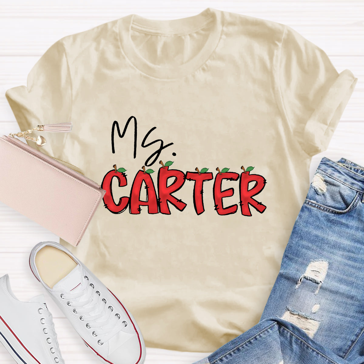 Personalized Teacher's Name Red Apple Letter  T-Shirt
