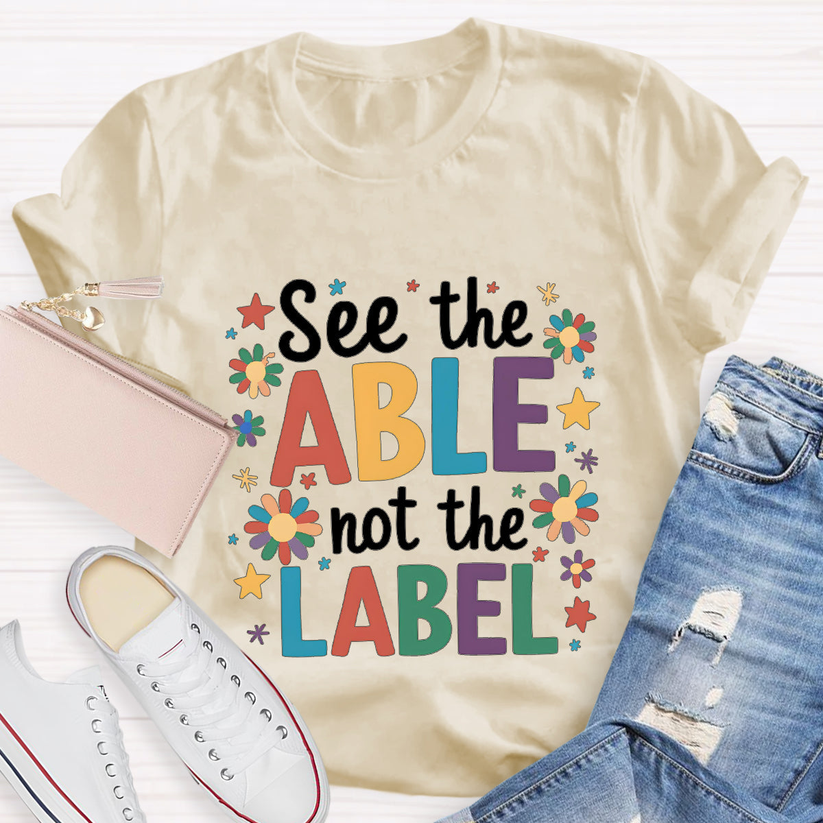 Floral See The Able Not the Label Teacher T-Shirt