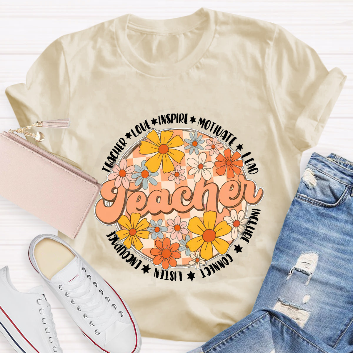 Love Motivate Inspire Floral Teacher T-Shirt