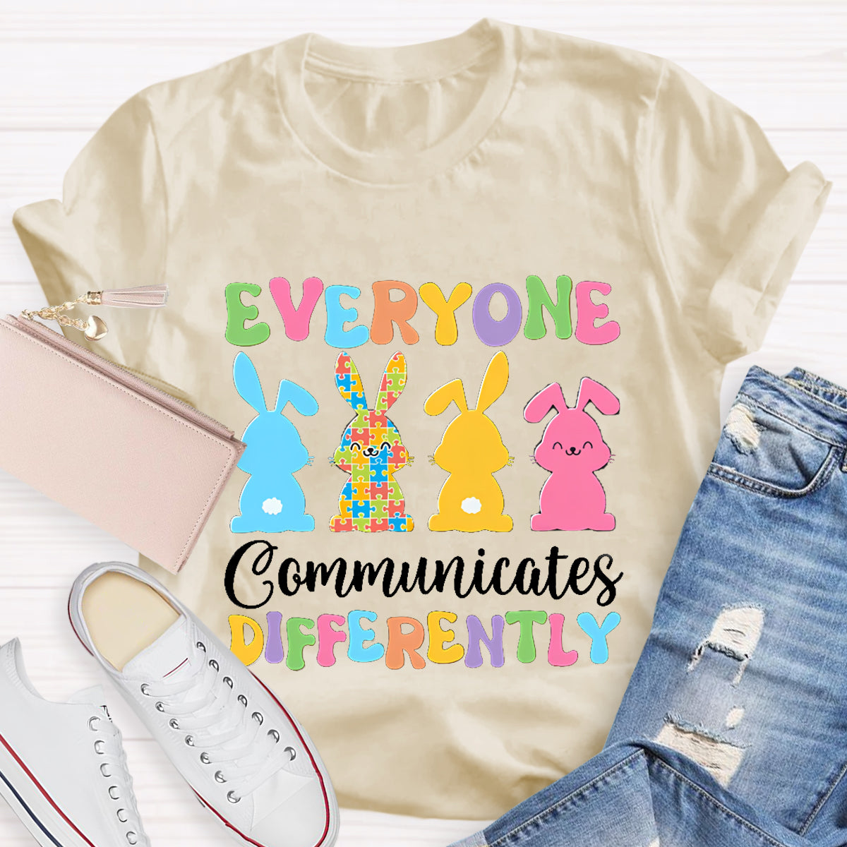 Everyone Communicates Differently Bunny Teacher T-Shirt