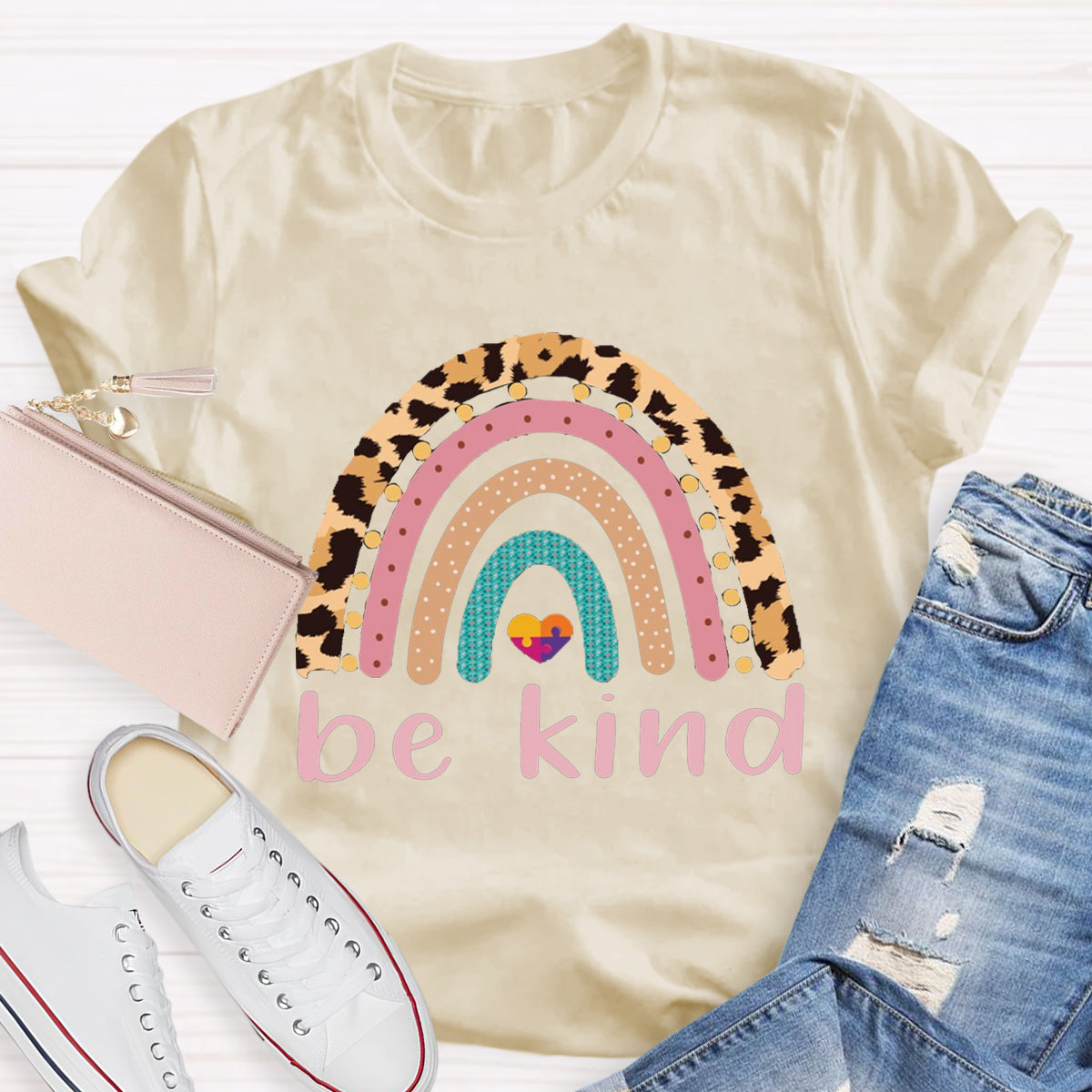 Be Kind Leopard Rainbow Colorful Heart T-Shirt